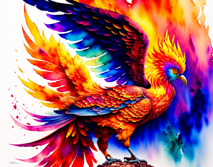 Colorful Phoenix Artwork with Rainbow Background