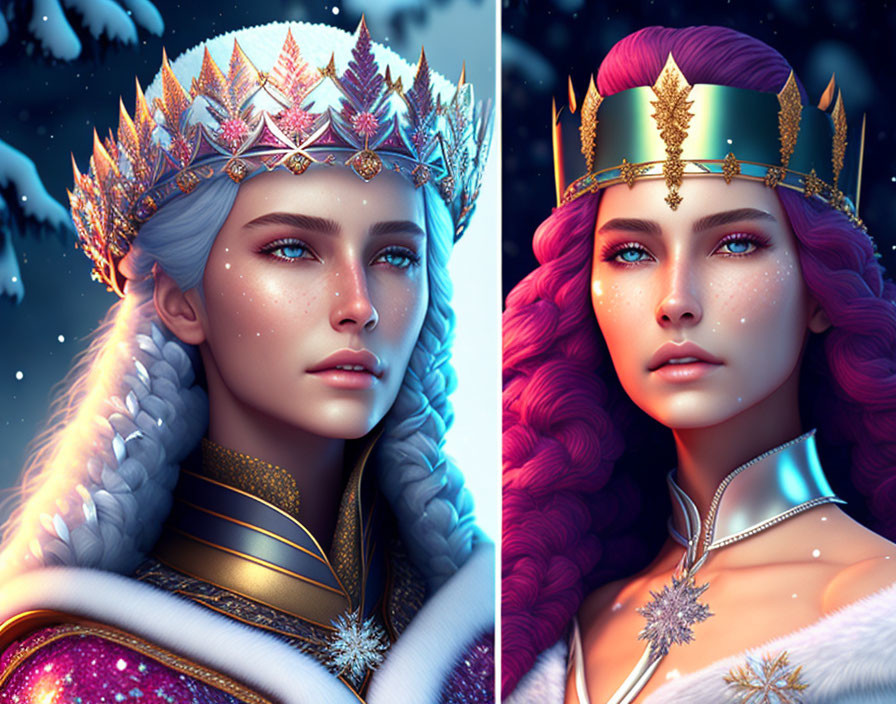 Fantasy queens illustration with intricate crowns in blue and gold tones