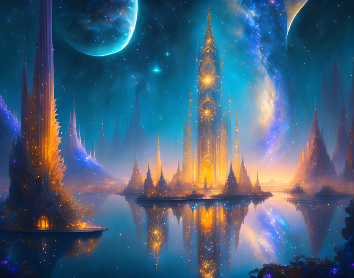 Fantastical cityscape with glowing towers under starry sky and two large moons reflecting in water