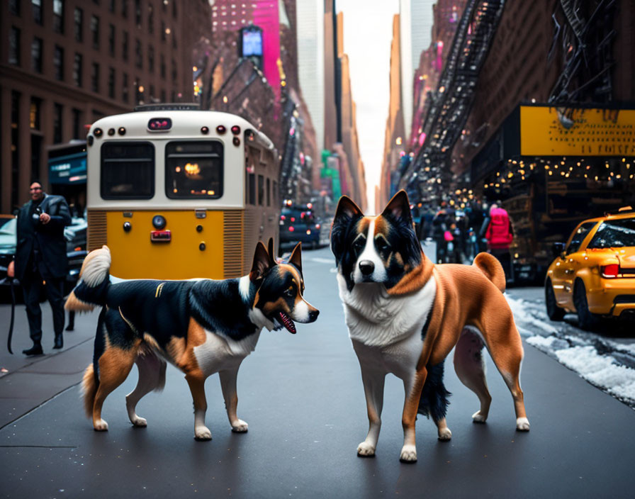 Urban street scene with two dogs standing amid blurred cars and city lights