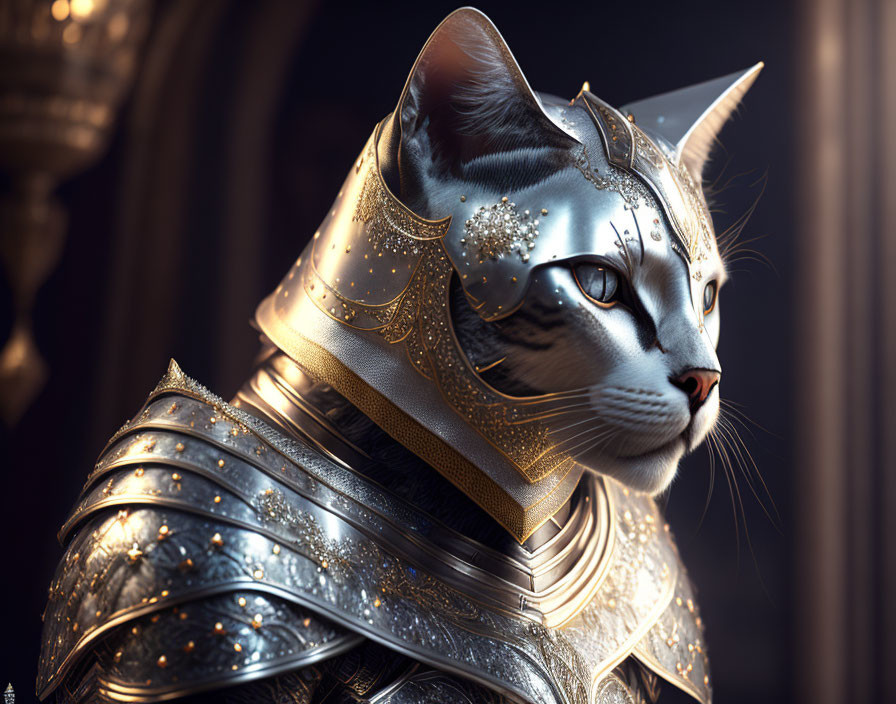 Digital artwork: Cat in ornate golden medieval armor exuding nobility.