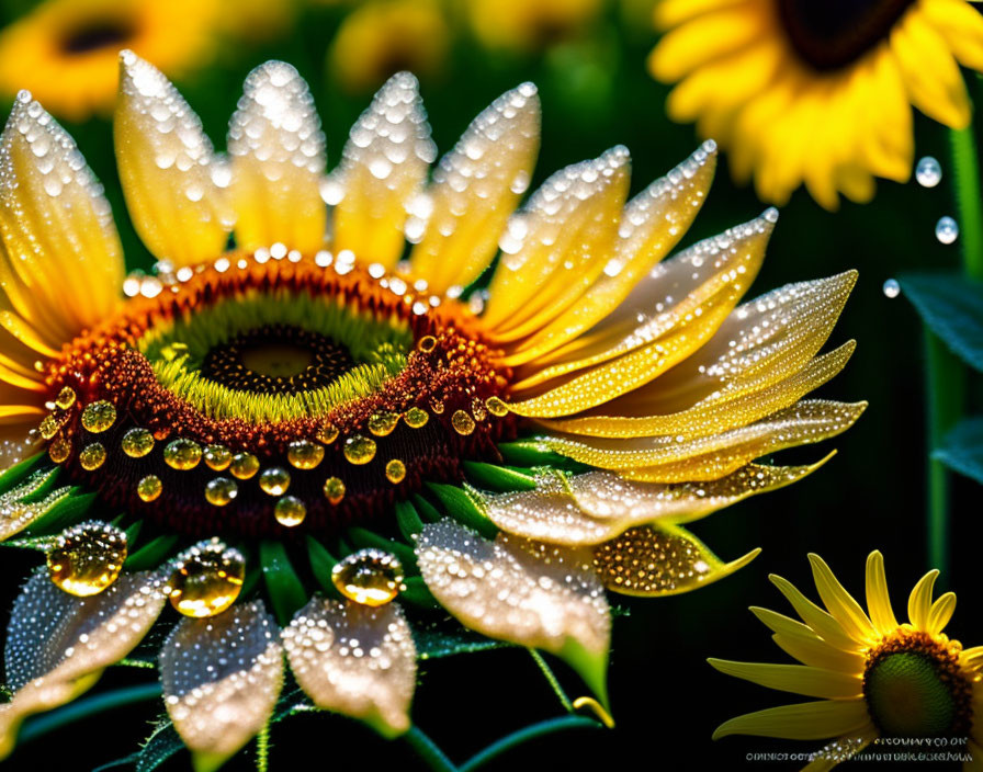 Vibrant sunflowers with dewdrops on petals and green background