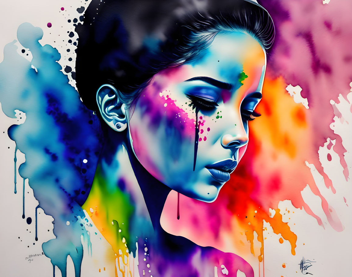 Colorful Paint Splatter Woman Profile Artwork