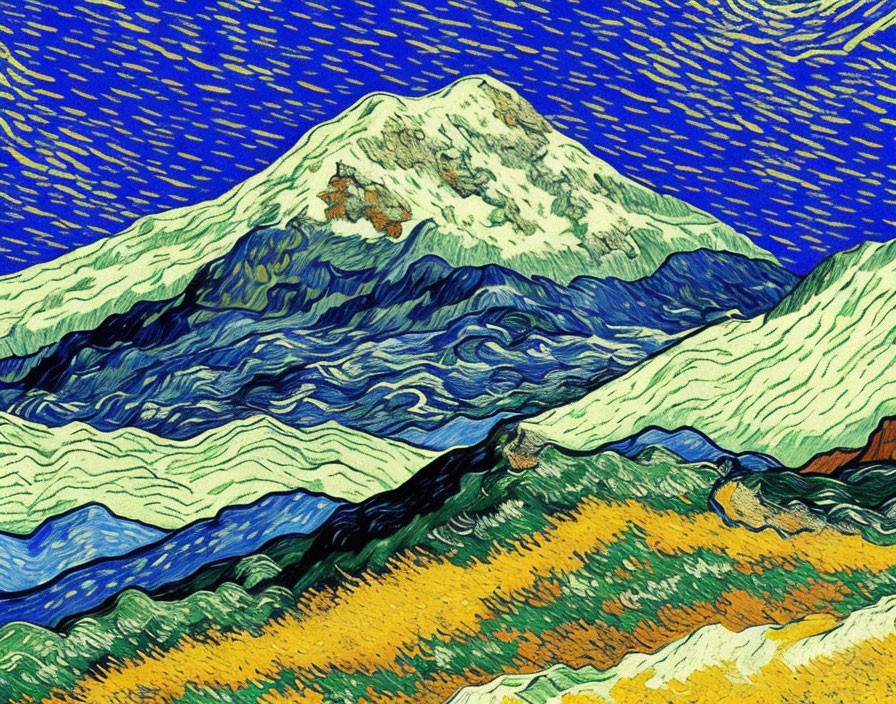 Vibrant digital painting of mountain peak under swirling blue skies