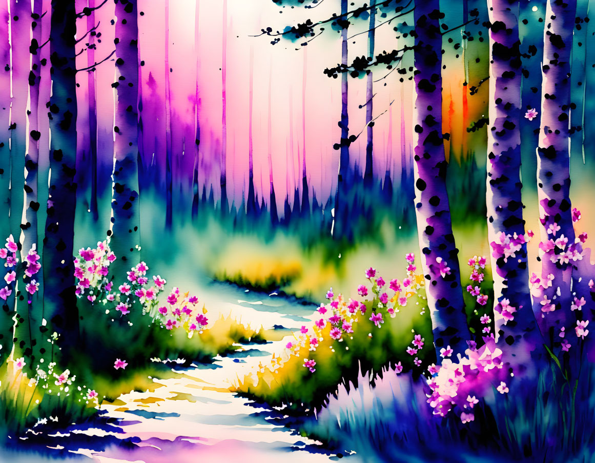 Whimsical forest watercolor painting with purple and blue hues