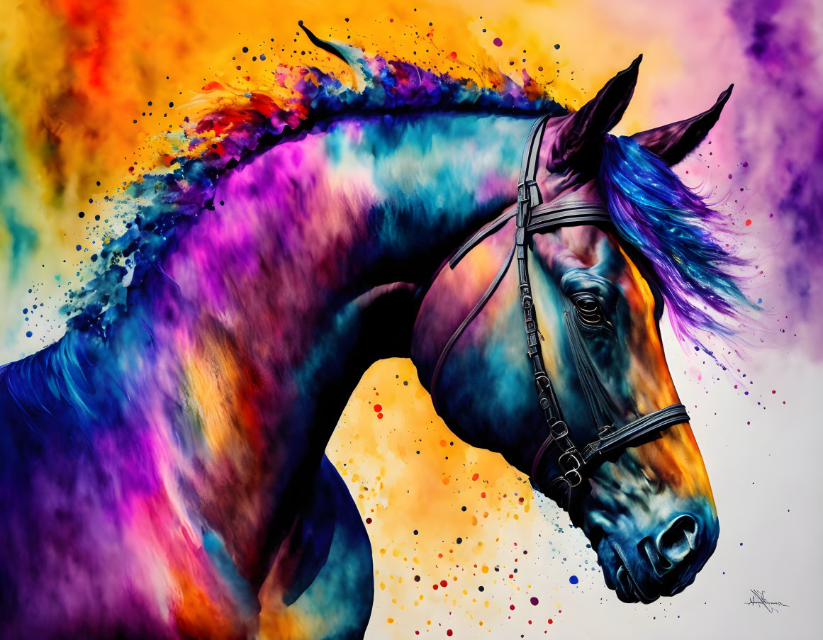 Vibrant watercolor painting of a colorful horse on white background