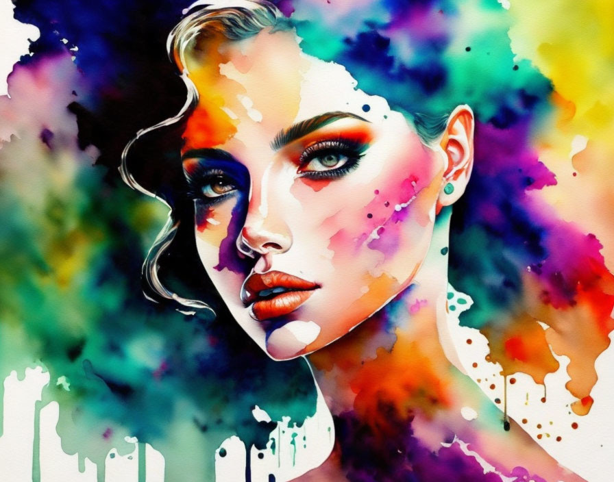 Vibrant Watercolor Painting of Woman's Face with Colorful Splashes