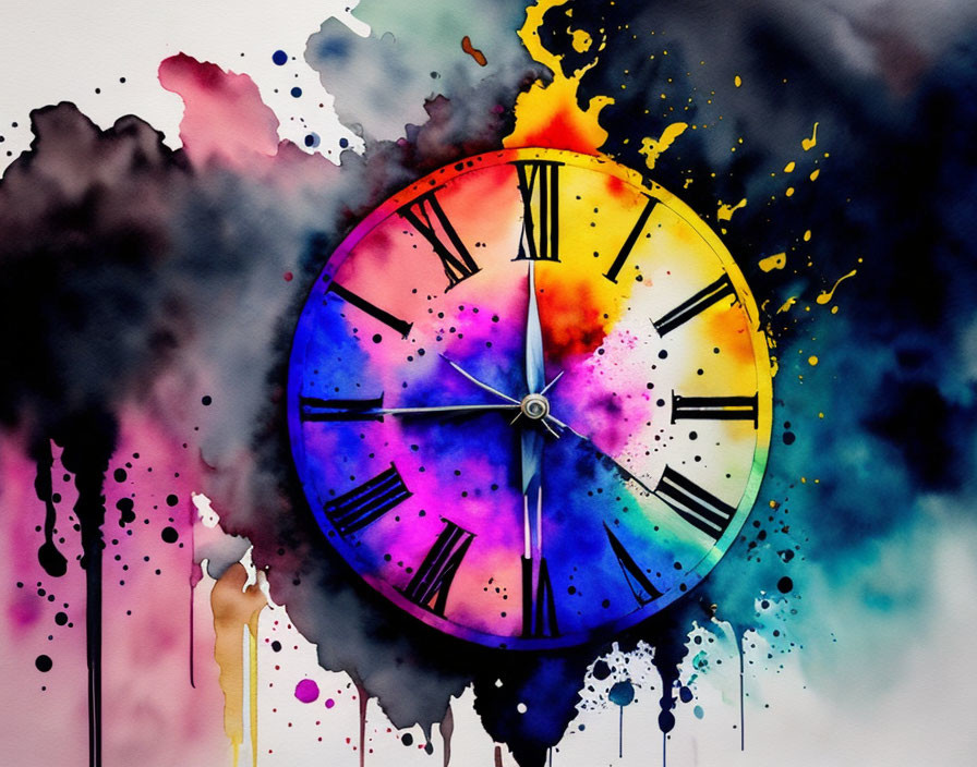 Vibrant Watercolor Painting of Clock Symbolizing Time Fluidity