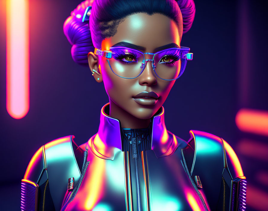 Stylized 3D illustration of woman with futuristic glasses and neon lights