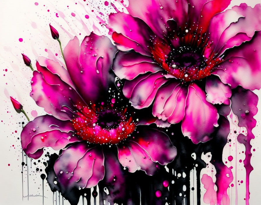 Abstract watercolor painting of vibrant pink and purple flowers with splatters and drips