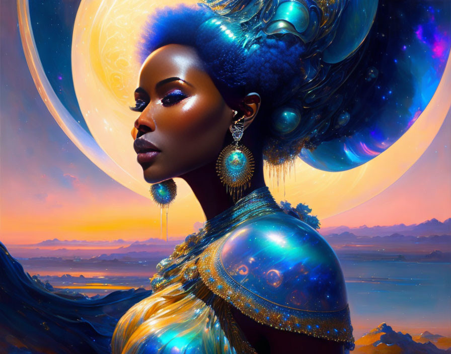 Colorful digital portrait of a woman with cosmic-themed hair and attire against a fantastical planetary backdrop.