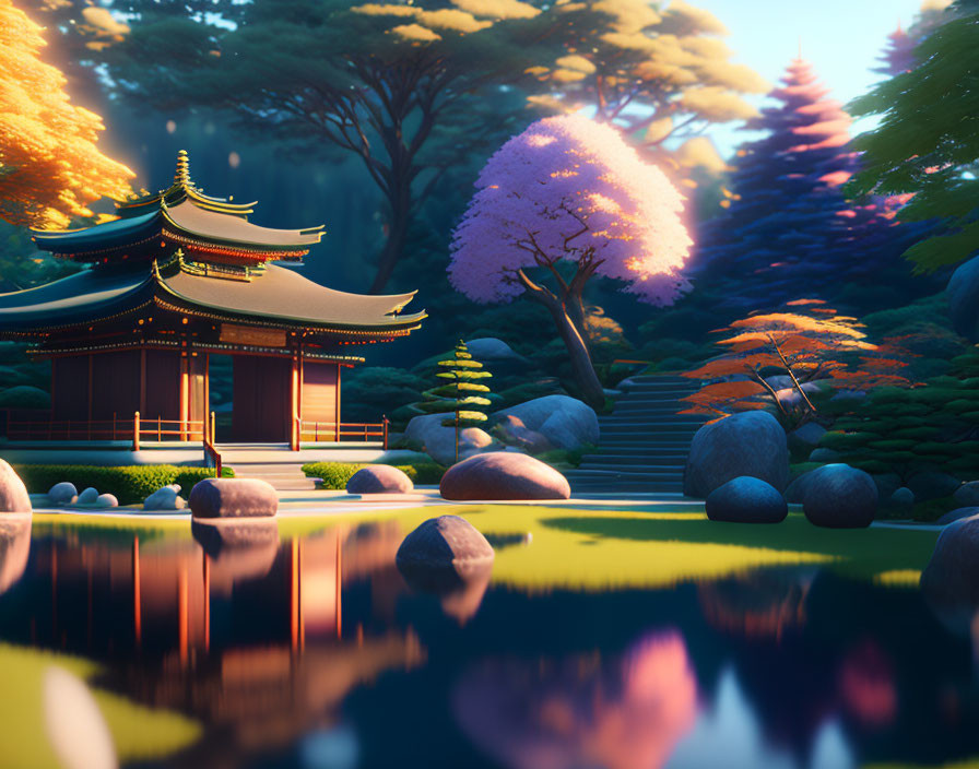 Japanese Garden at Dusk with Pagoda, Cherry Blossoms, Shaped Trees, and Reflective