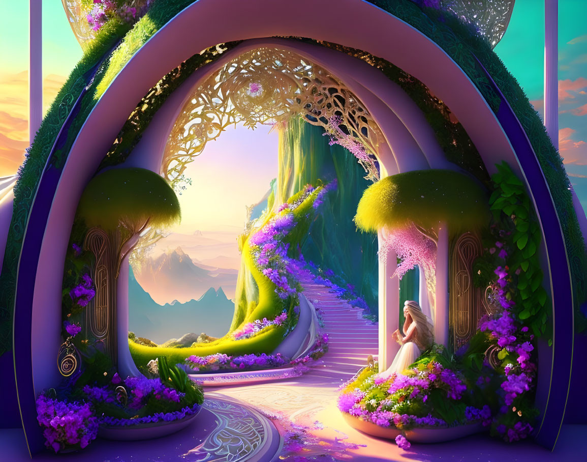 Colorful Fantasy Landscape with Arches, Flora, Figure, and Mountains