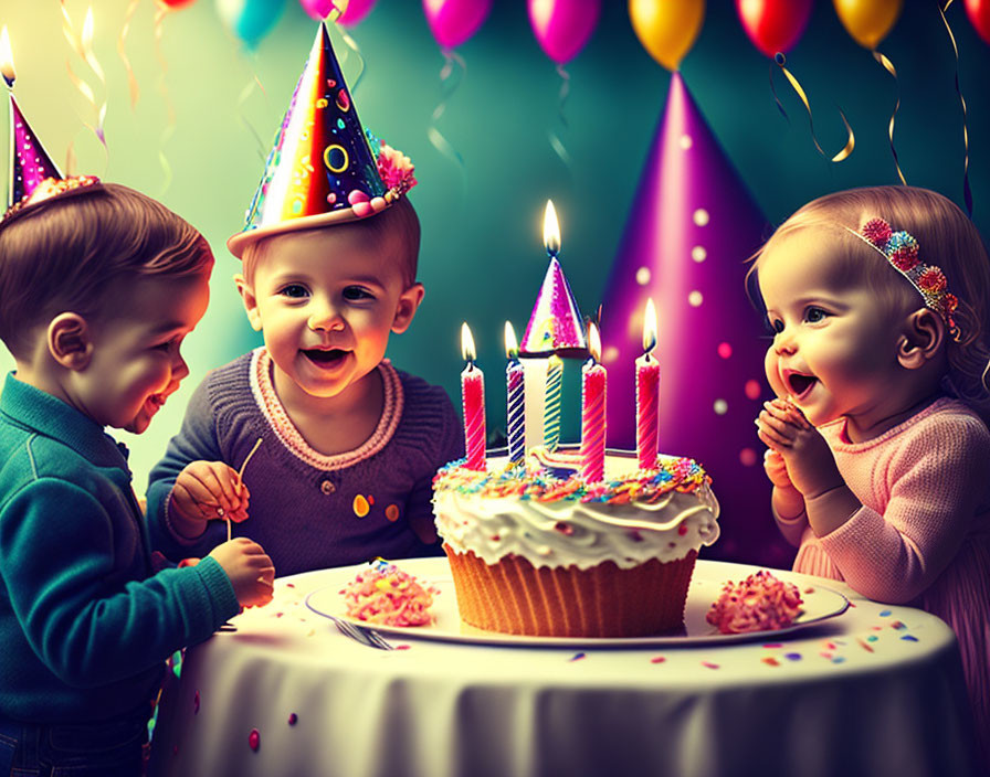 Three toddlers with party hats around birthday cake and balloons