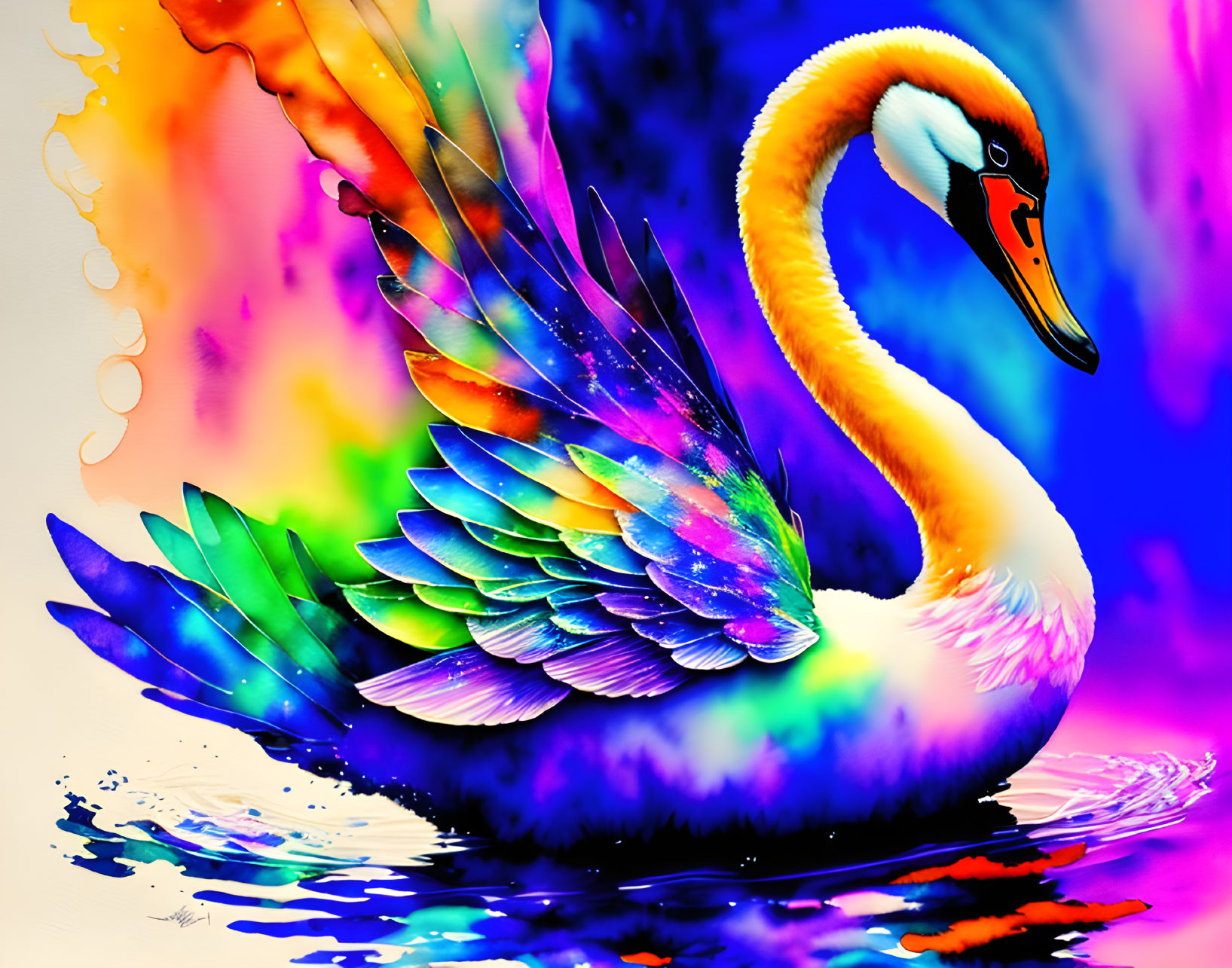 Colorful Swan Artwork on Psychedelic Rainbow Background