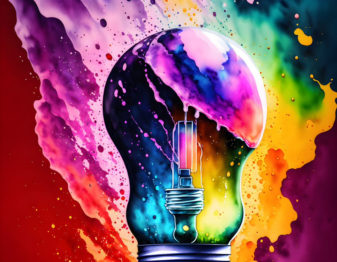 Colorful Light Bulb Illustration with Ink and Watercolor Splashes