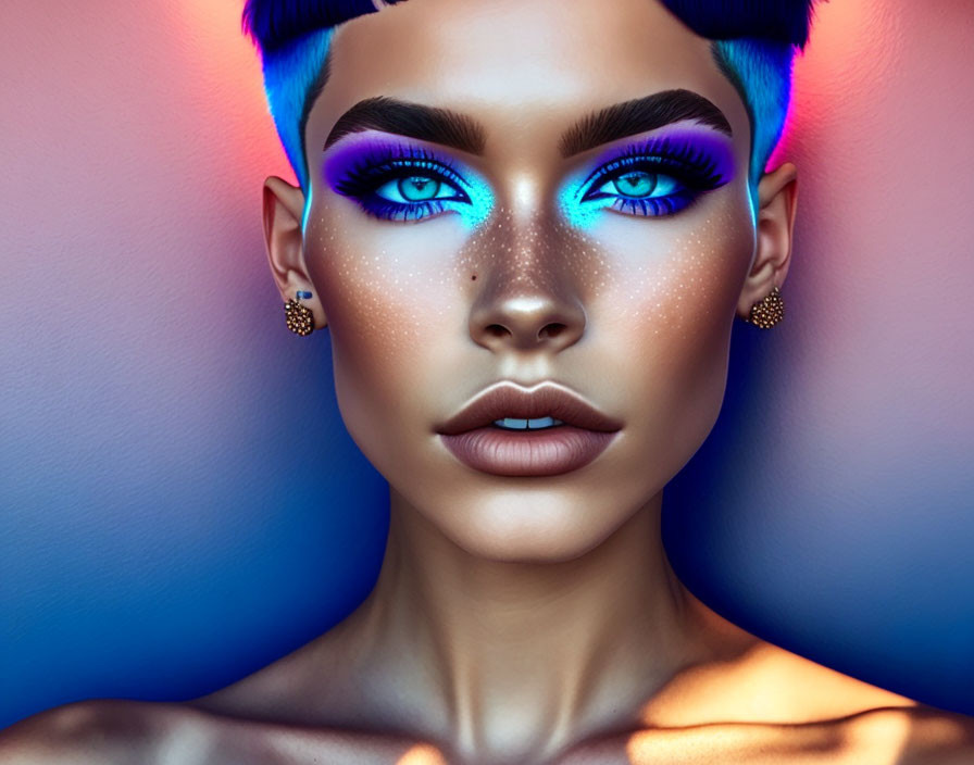 Portrait of woman with blue eyeshadow, bold brows, short blue hair, and gold earrings on