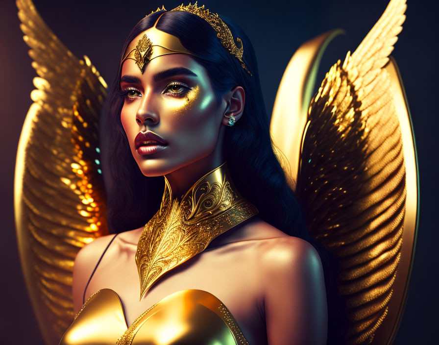 Digital artwork of woman with golden wings and ornate headgear on dark backdrop