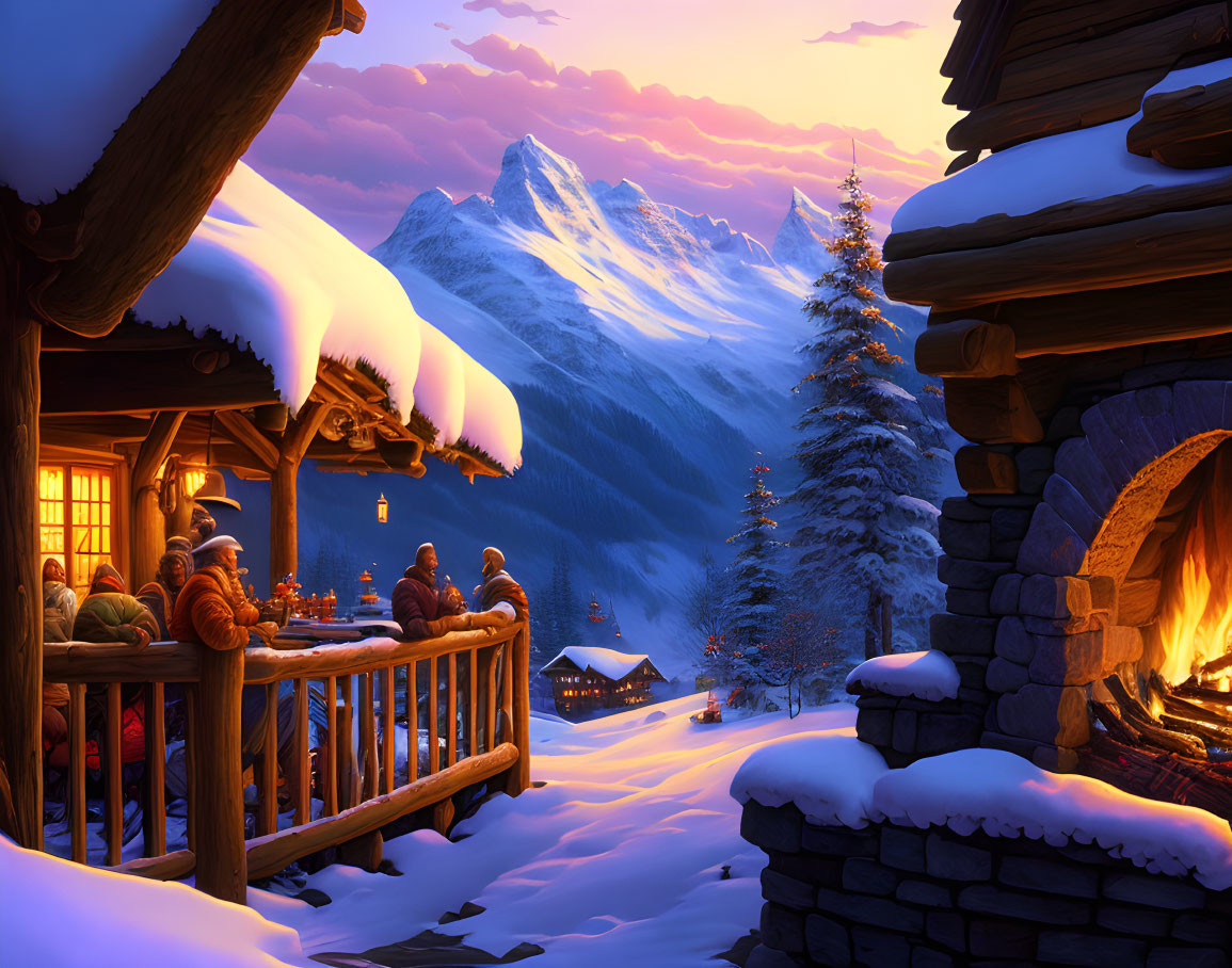 Cozy log cabin with fireplace in snowy mountain landscape at sunset