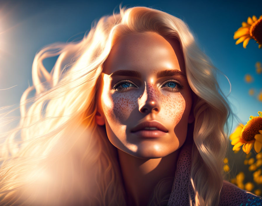 Blonde woman with freckles in sunflower field portrait