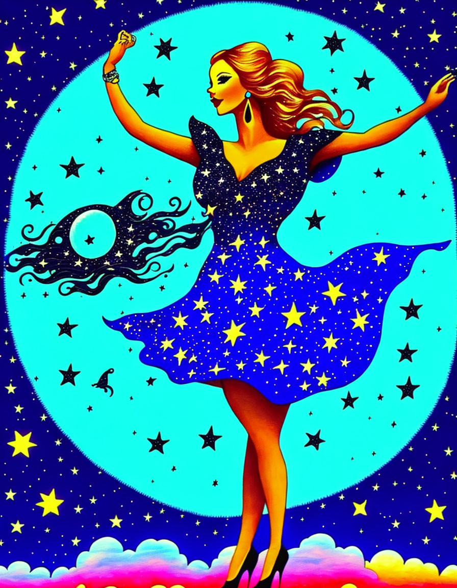 Colorful illustration of woman with long hair in starry dress against cosmic backdrop