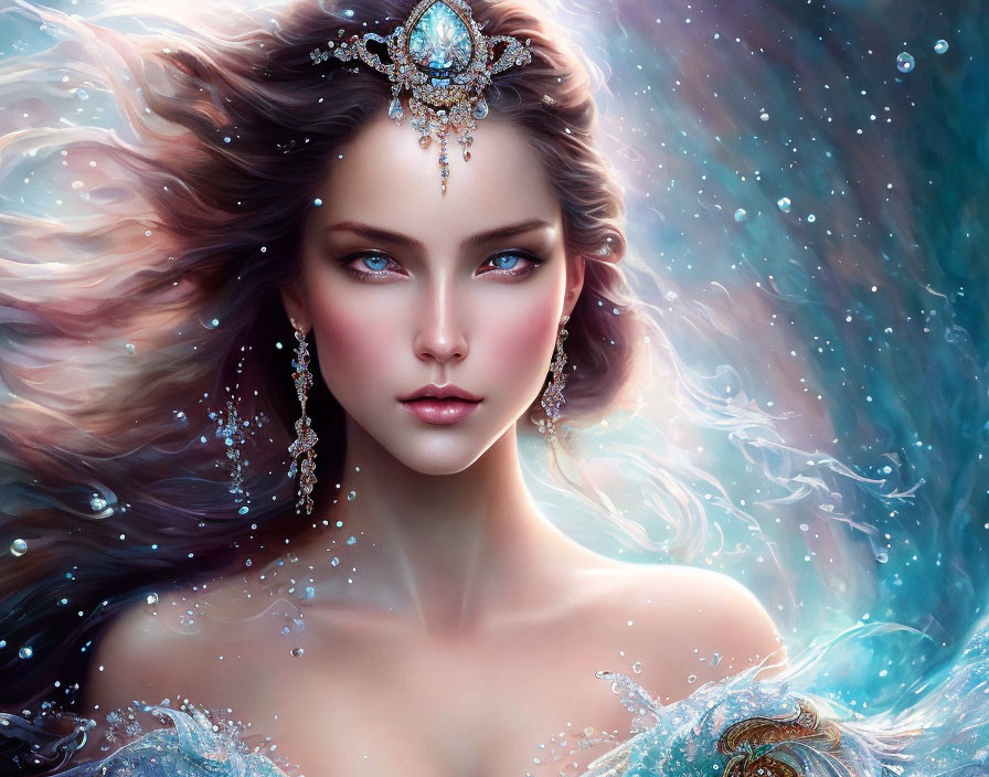 Illustrated fantasy woman with flowing jeweled hair in a sparkling setting