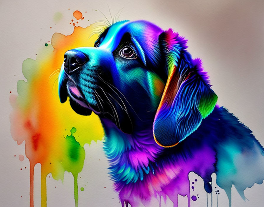 Colorful Rainbow Dog Illustration with Watercolor Background