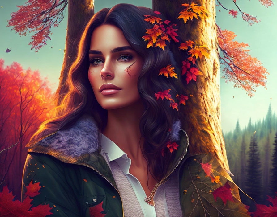 Digital artwork features woman with brown hair in autumn forest