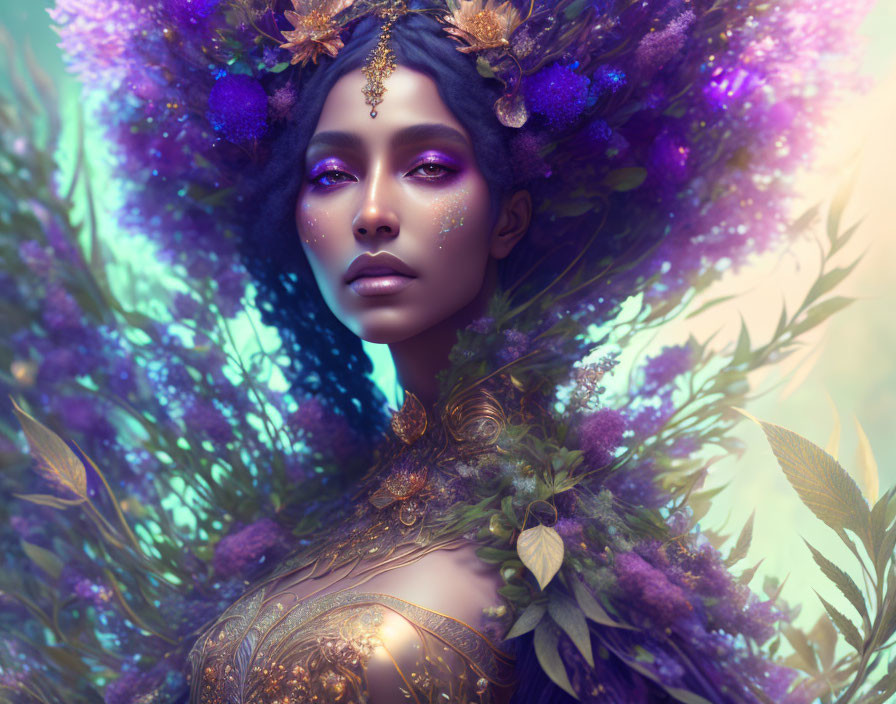 Mystical woman with purple floral elements and golden jewelry in dreamlike setting