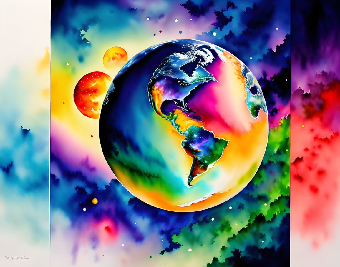 Colorful Earth Artwork with Celestial Bodies in Nebulous Background