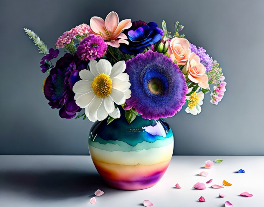 Colorful bouquet of flowers in striped vase on petal-strewn surface