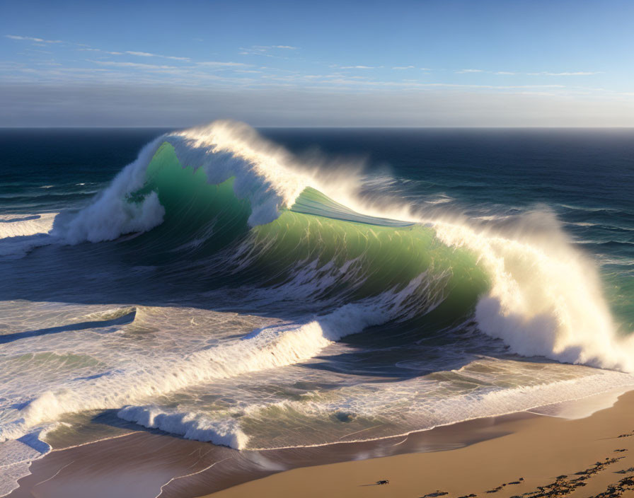 Majestic turquoise wave approaching sandy beach under clear blue sky