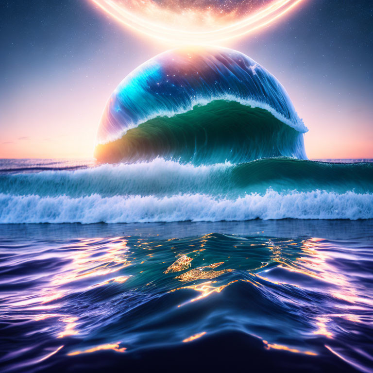 Vibrant wave under starry sky with glowing celestial body