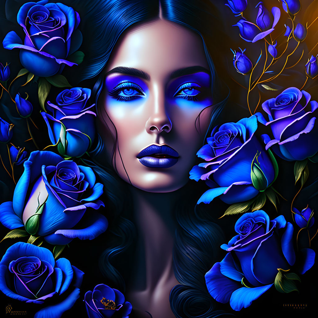 Digital artwork: Woman with vibrant blue roses, blue eyes, lips, and luminous skin on dark