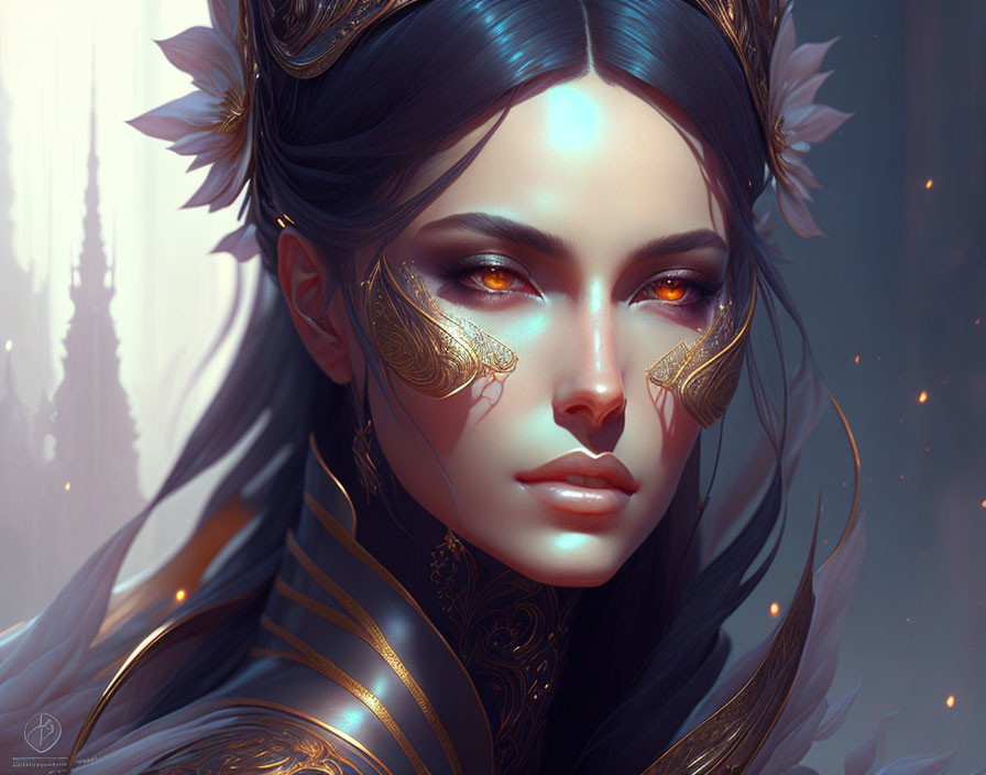 Digital illustration of woman with striking makeup and gold-leaf details on soft, ethereal background