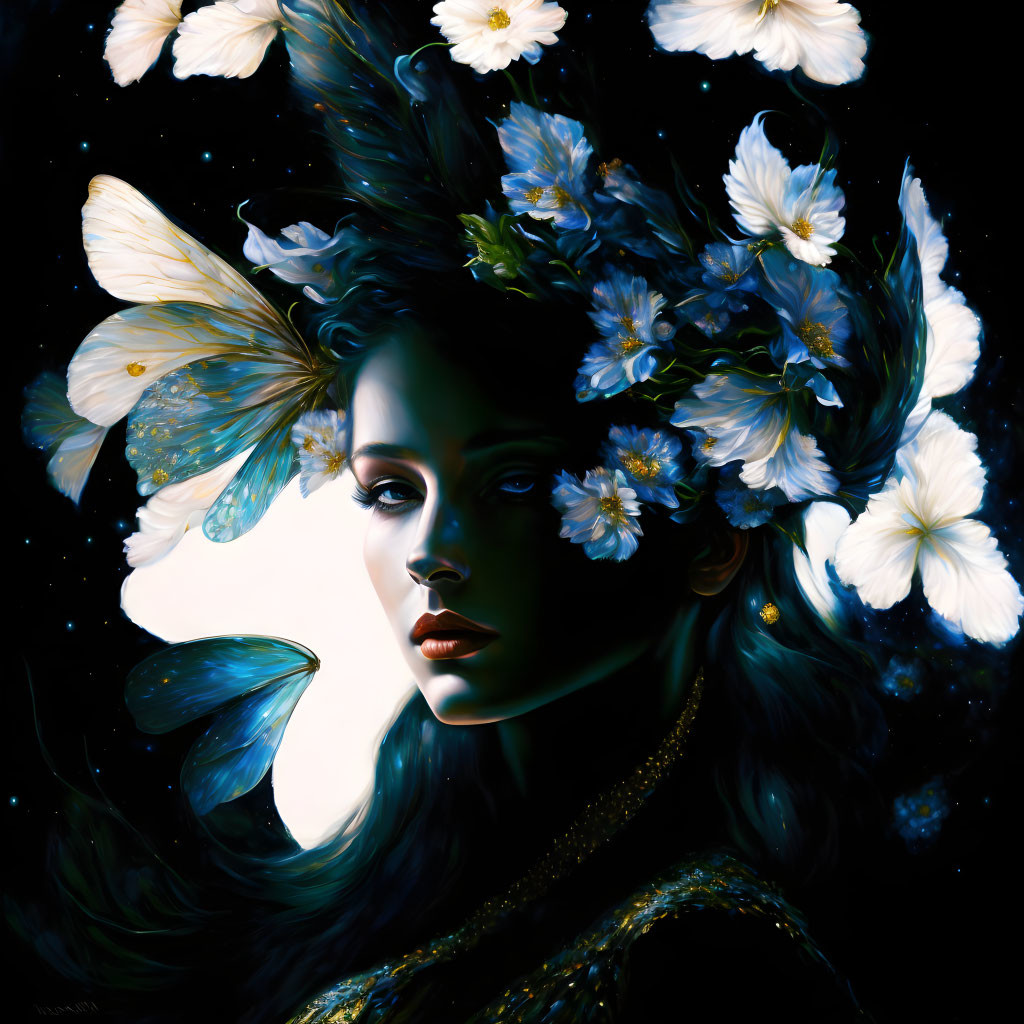 Portrait of woman with dark hair, white flowers, butterflies, starry background