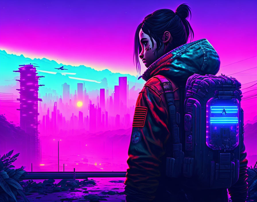 Futuristic backpack-wearing person in neon-lit cityscape at dusk