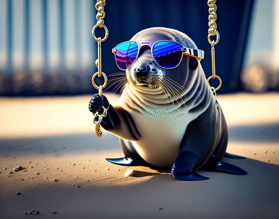 Seal with Sunglasses on Swing at Sandy Beach