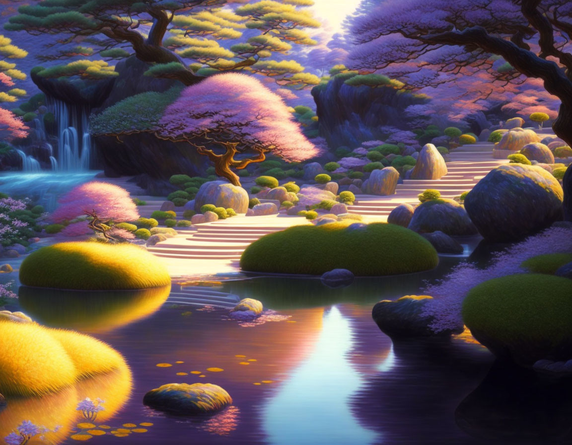 Vibrant colorful trees, moss-covered rocks, waterfalls in twilight landscape