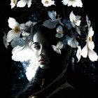 Portrait of woman with dark hair, white flowers, butterflies, starry background