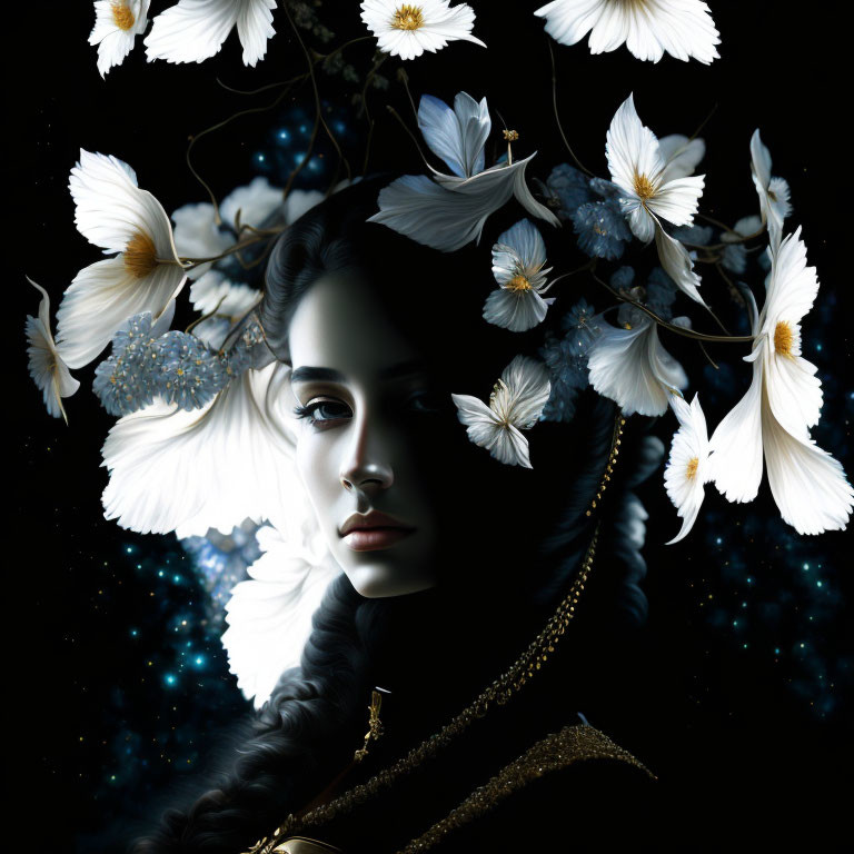 Dark-haired woman with white flowers in mystical portrait against starry backdrop