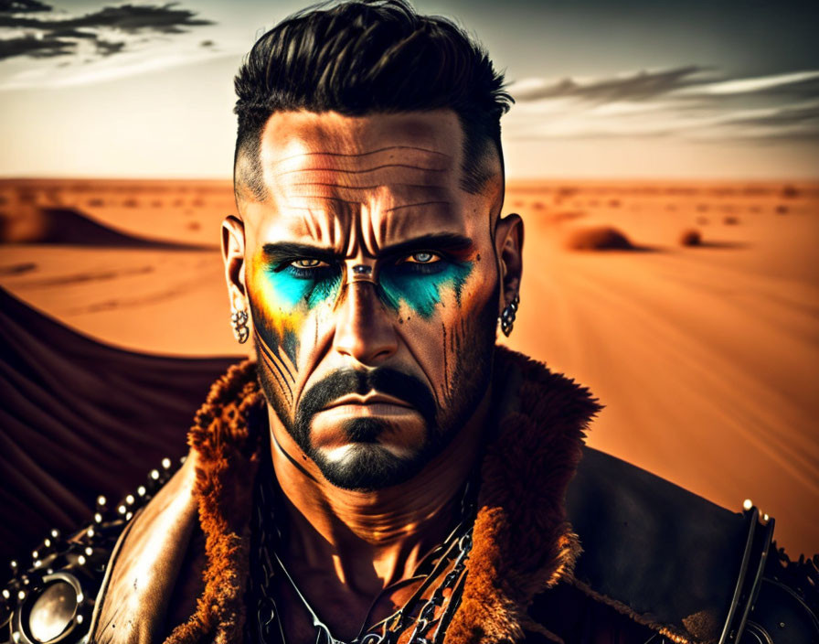 Stylized portrait of a man with blue eyes, face paint, fur-lined jacket, in desert