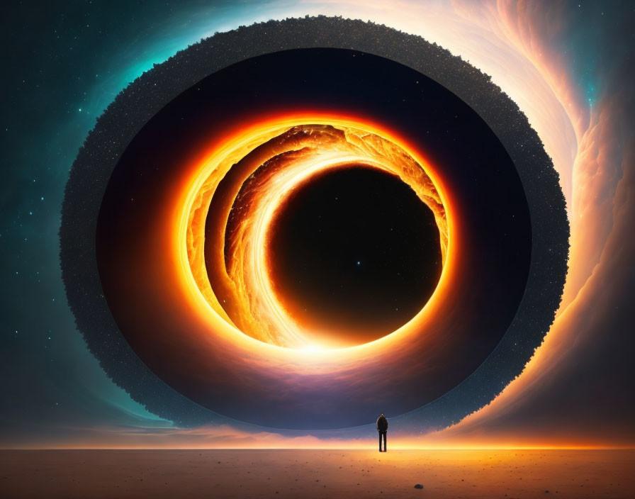 Surreal torus horizon under fiery sky and stars