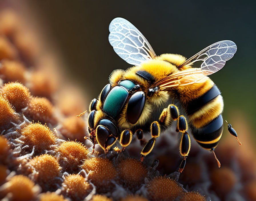 Macro photo of bee with translucent wings on textured surface