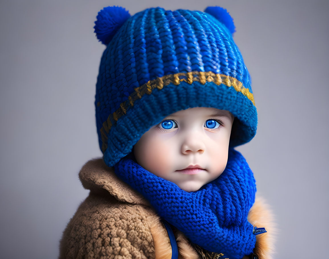 Toddler with blue eyes in blue hat and scarf on gray background