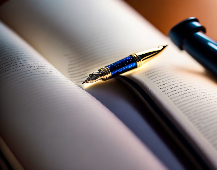 Elegant fountain pen on open book with shadow in warm lighting