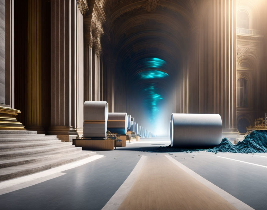 Classical architecture grand hall with books, scrolls, and glowing blue vortex