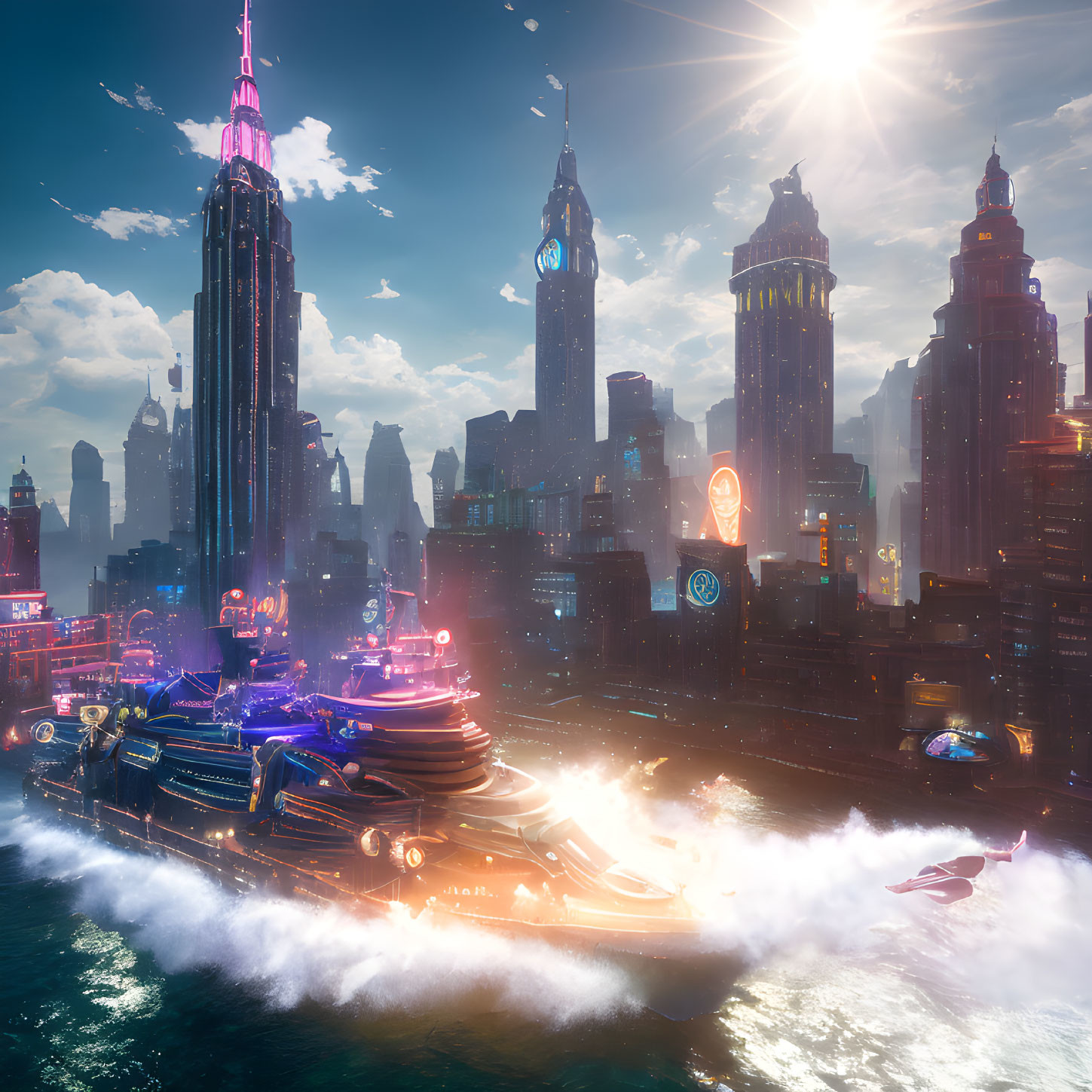 Modern city skyline with skyscrapers, flying cars, and sun glare reflecting on water