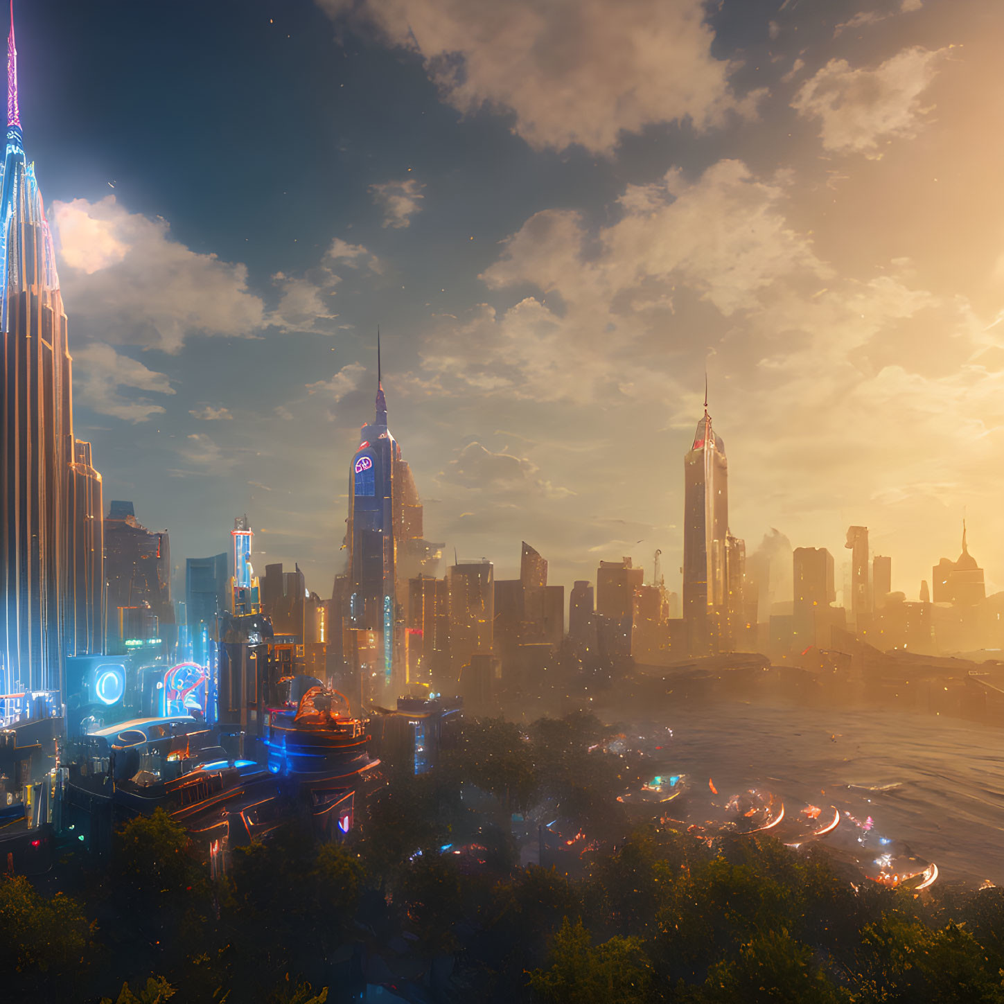 Futuristic city skyline at dusk with neon lights, skyscrapers, and flying vehicles