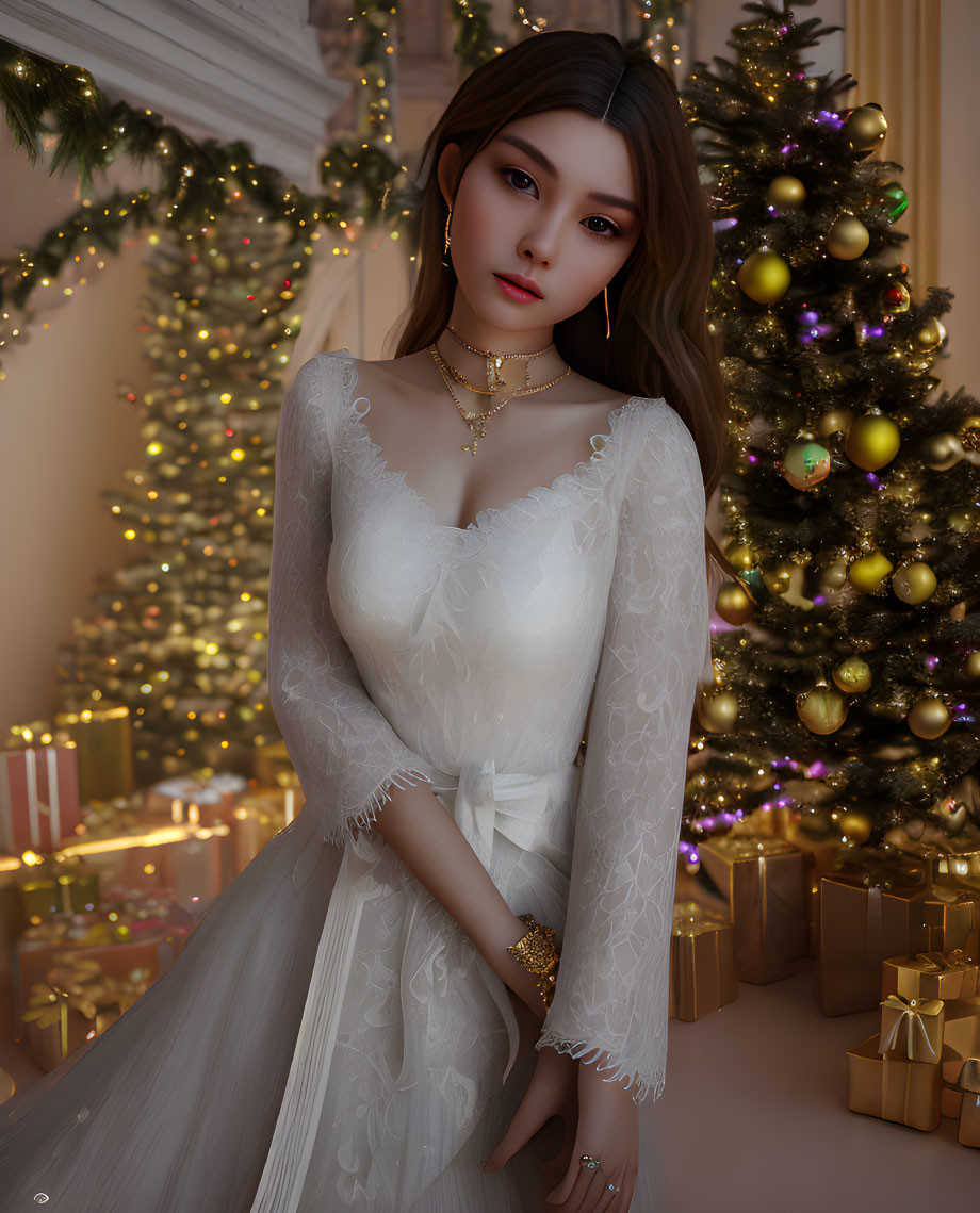 Illustrated woman in white lace dress with jewelry by Christmas tree and gifts